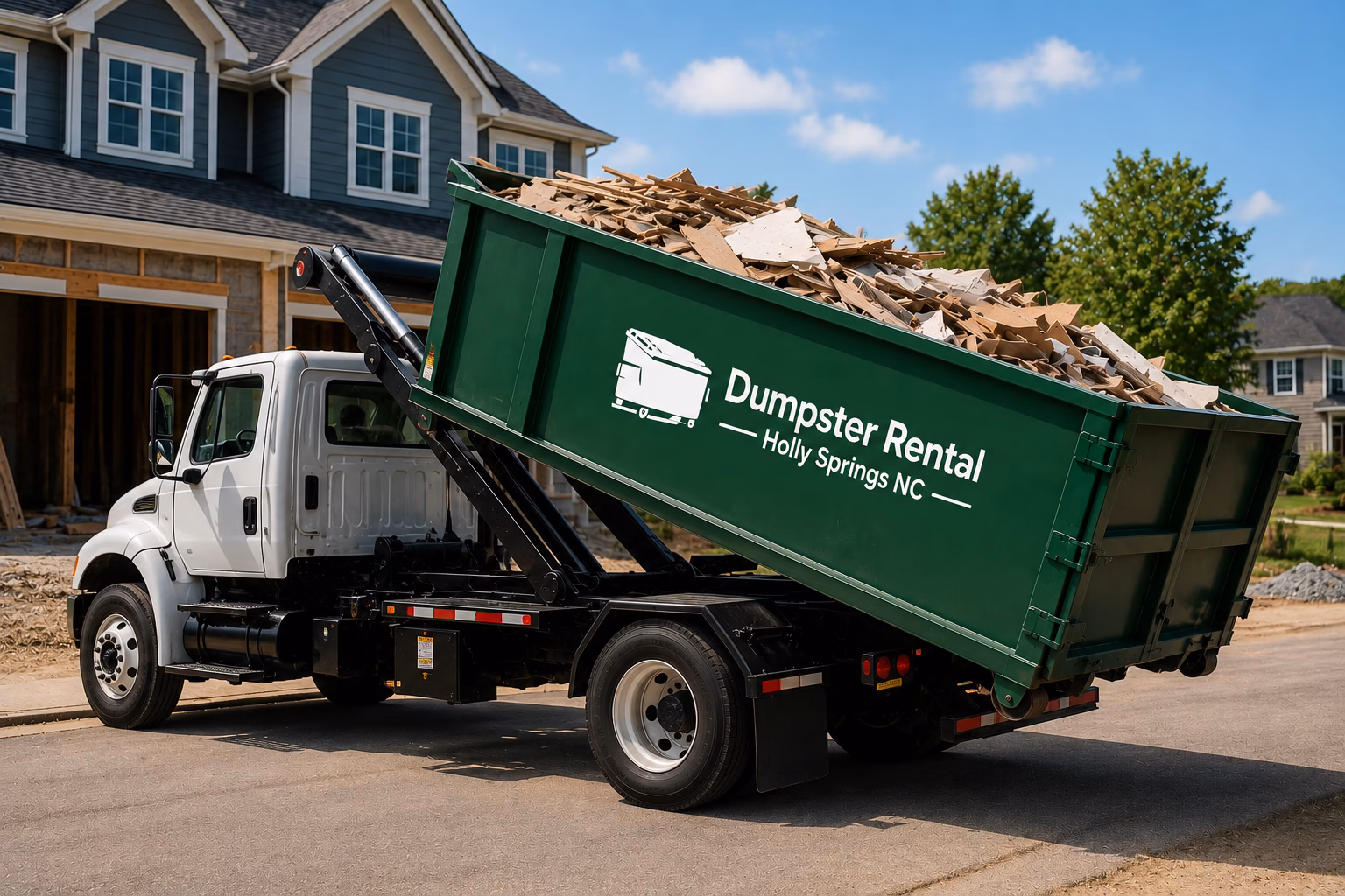 White roll-off truck delivering a large green dumpster filled with construction debris to a residential home in Holly Springs, North Carolina.