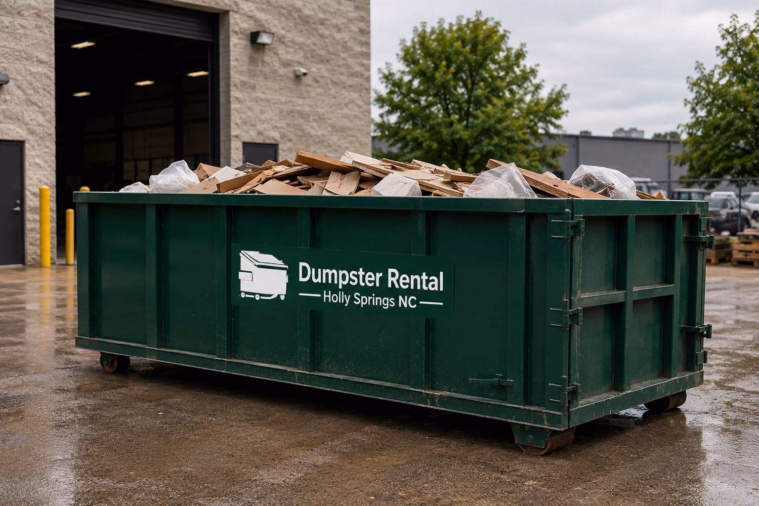 Large green roll-off dumpster filled with wood and construction debris parked outside a commercial building in Holly Springs, North Carolina.