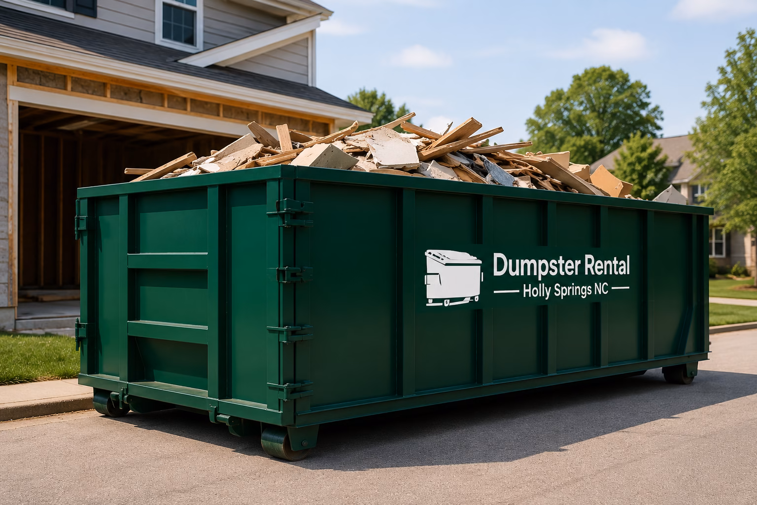 Large green dumpster filled with construction debris parked in front of a residential home renovation project in Holly Springs, North Carolina.